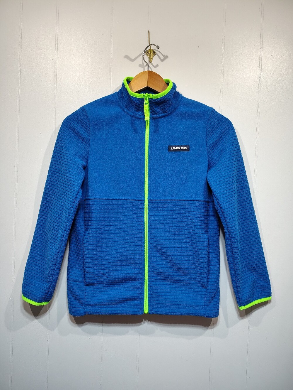 Lands End Grid Fleece Jacket Size Large 10 12 Blue Green Full Zip Layer